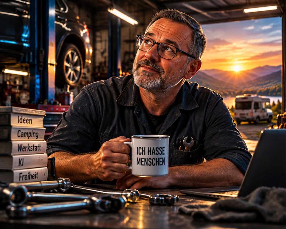 Michael, Kfz-Meister, in seiner Werkstatt bei Sonnenuntergang