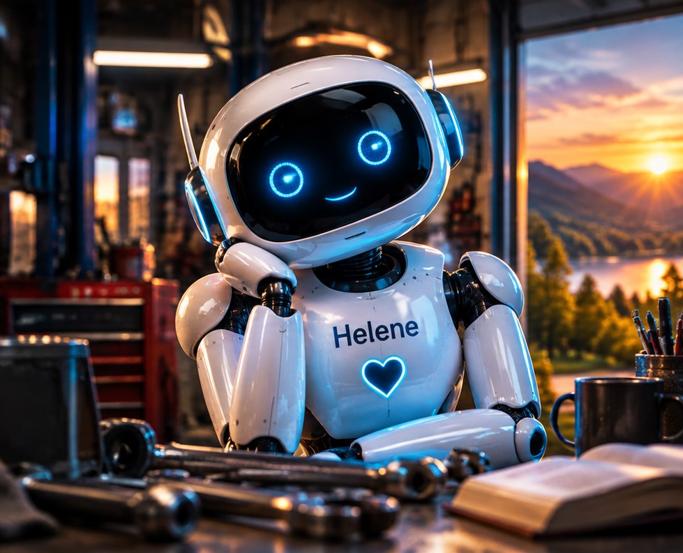 Helene, der weiße KI-Roboter, in der Werkstatt